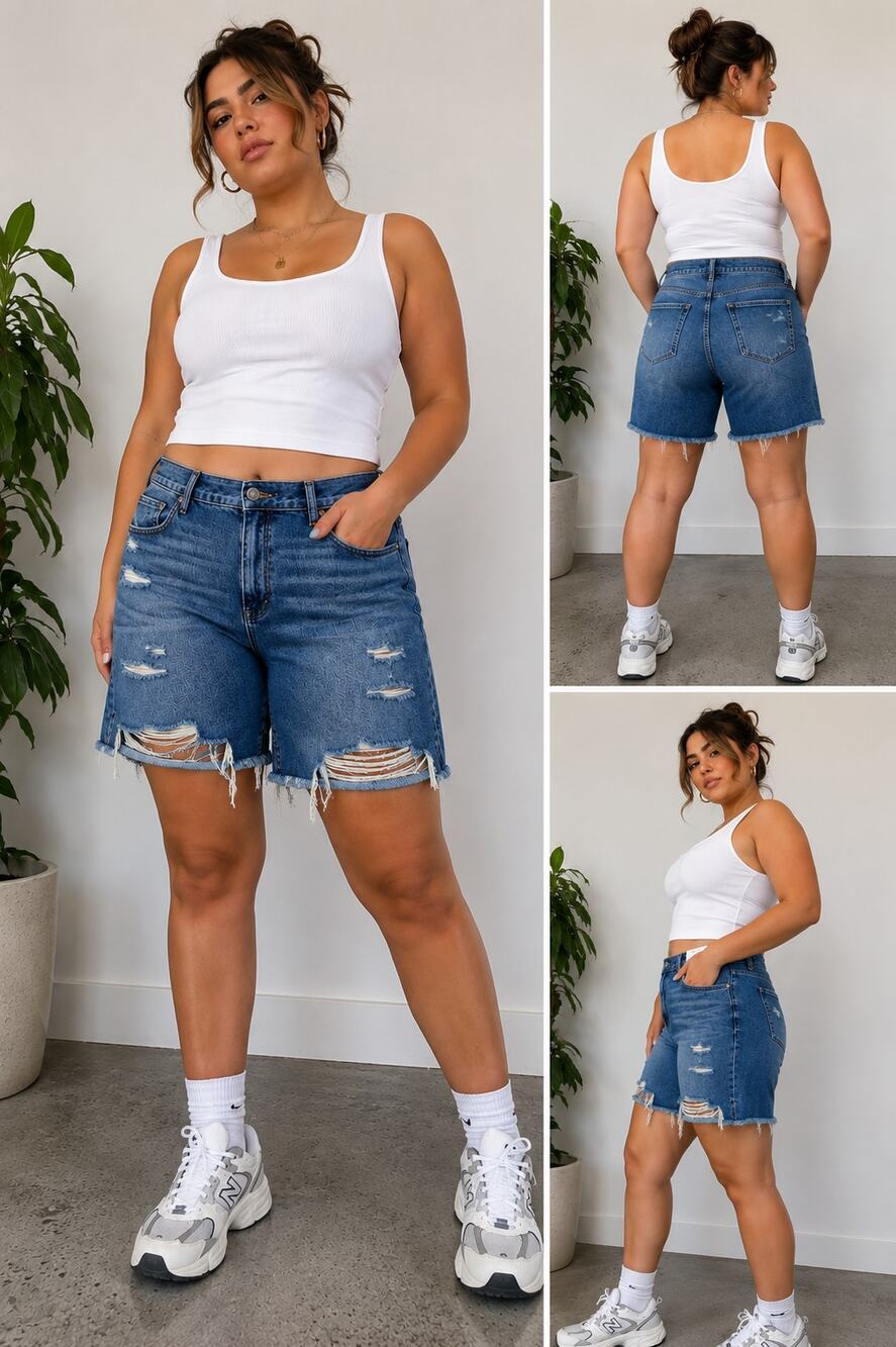 NWT American Eagle 90s Boyfriend Long Denim Shorts Distressed Raw Hem Plus 22